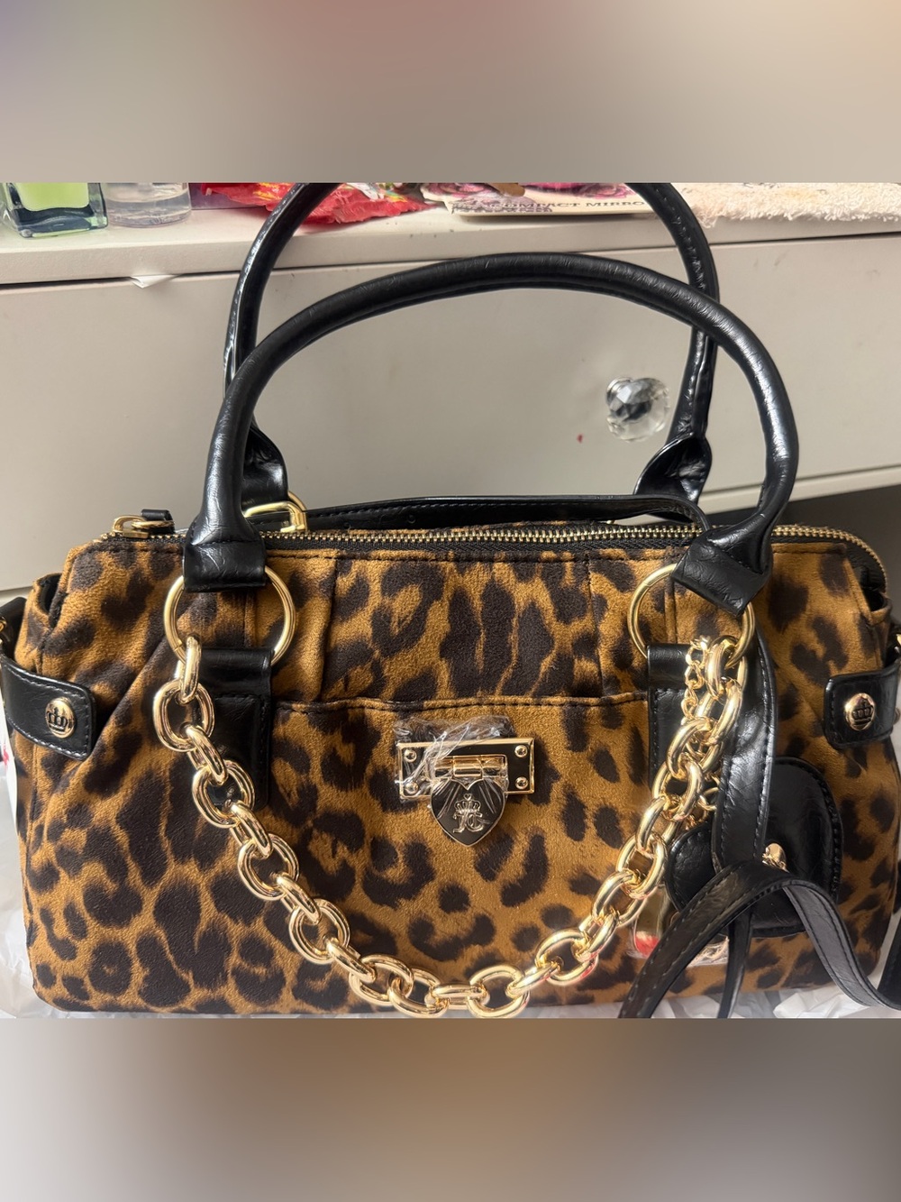 Juicy Couture Leopard Print Satchel with Gold Chain - Black & Brown